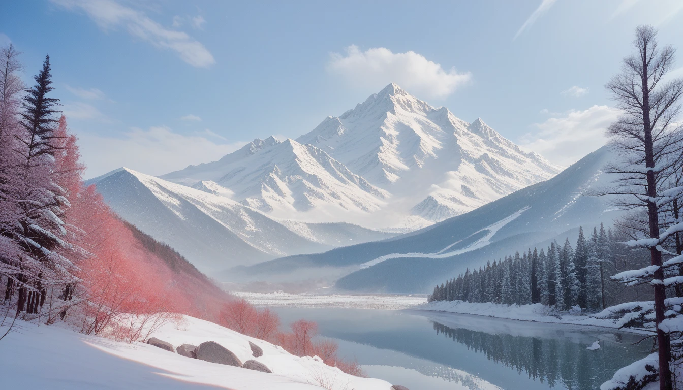 Skysky, colorful auspicious clouds, a snow-covered mountain with a lake and trees, thick snow, soft mist, extreme beautiful, 8K wallpapers, winning artwork, art photography, matte painting, Terragen