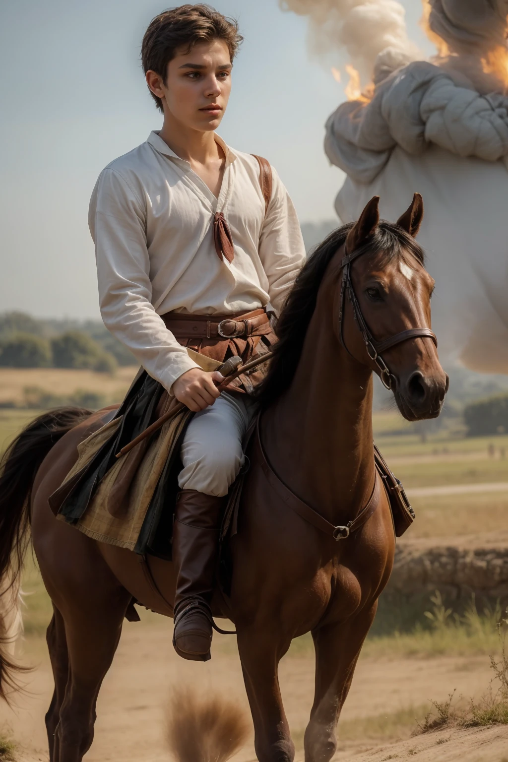 A cute 18-year-old twink male young man with makeup and black hair, wearing a medieval shirt with ties, a v-neck and long sleeves, the color aquamarine, and white medieval pants. He is on the battlefield, riding on a horse, as if the horse is galloping.  He carries his sword and shield in his hand, and behind him are tents with a burning fire, and he looks angrily.