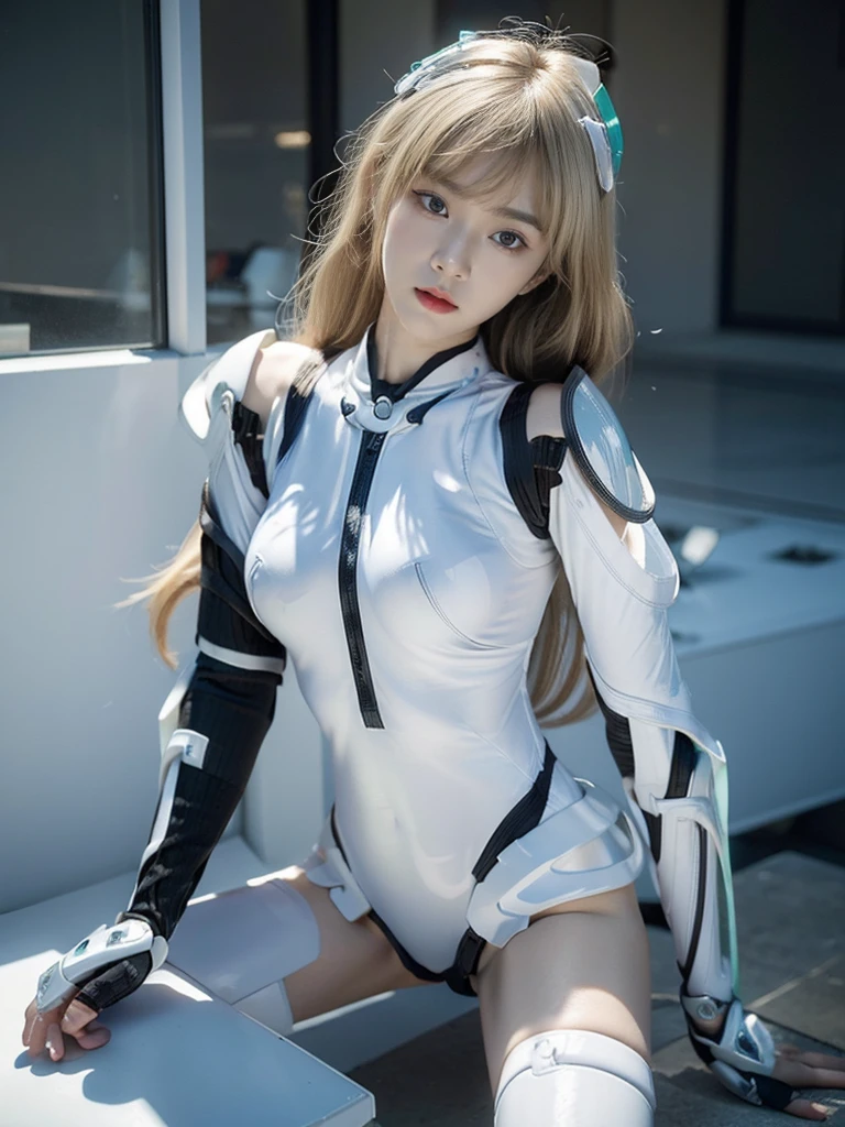 best quality, 1080P, Masterpiece, Whole body photo, Ultra high resolution, photorealistic photo, ultra realism, Realistic skin texture, Light blonde hair, Extreme skin detail, dslr, Detailed eyes, Facing the camera, Very beautiful face, Firm facial structure, Pale skin, Realistic skin texture, Extreme skin detail, oc render reflection textures, Realistic light and shadow, One picture, alone, The body is slender and balanced.., Age 20, Height 170, no underwear, Flat stomach, (White shiny leather bodysuit), full body view, Whole body photo, sexy pose, A girl with the body of a mechanical robot., Transparent futuristic white glass mech armor suit, The mechanical cervix is attached to the neck., Woman with perfect mechanical arms and legs,