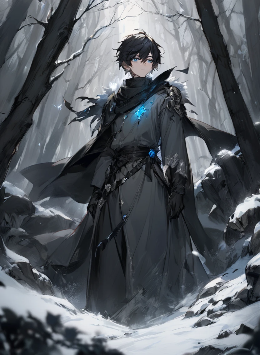 young man ,Male Dark, dark Woods, cold black colors, monk dnd, man black hair with blue eye