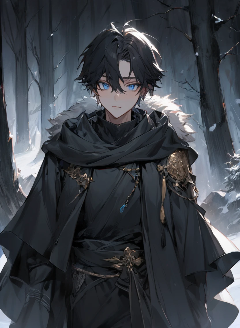 young man ,Male Dark, dark Woods, cold black colors, monk dnd, man black hair with blue eye