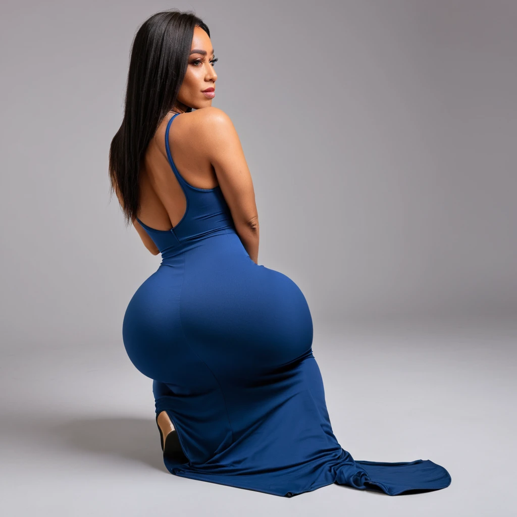 woman squatting in a maxi bodycon dress, top rear view angle