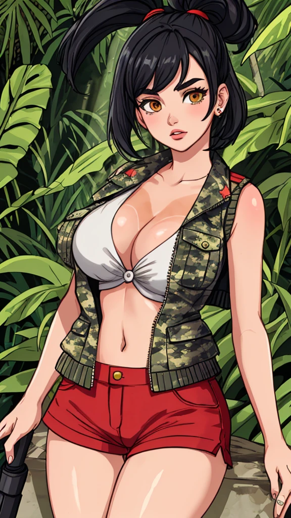 An image of a busty female soldier, dua lipa, pixy cut hair, gorgeous, (cleavage), camo vest, hotpants, jungle, (detailed skin complexion:1.2), best quality, vivid color, rtx shading effect, ambient occlusion, highly detailed textures