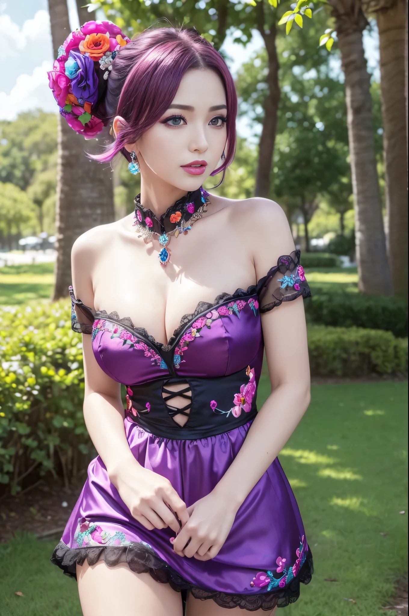 (masterpiece:1.4), (best quality:1.4), ultra high res, ultra high resolution, ((ultra detailed facial features)), HDR, (realistic, photorealistic, photo-realistic:1.37), full body Esbian, sexy Swedish model, (-anime), vivid colors, ((vivid colors multicolor (fuchsia, pink, light blue, purple) very short hair)), (seductive smile), ultra detailed metallic makeup, lip-gloss, long lashes, defined eyebrows, wearing large sparkling colorful jewelery, wearing a red silk Paradise Kiss cosplay dress with black floral embroidery, ((vivid colors outfit)), vivid colors, look at the camera, cinematic light, large park background with trees, sweet and sexy pose