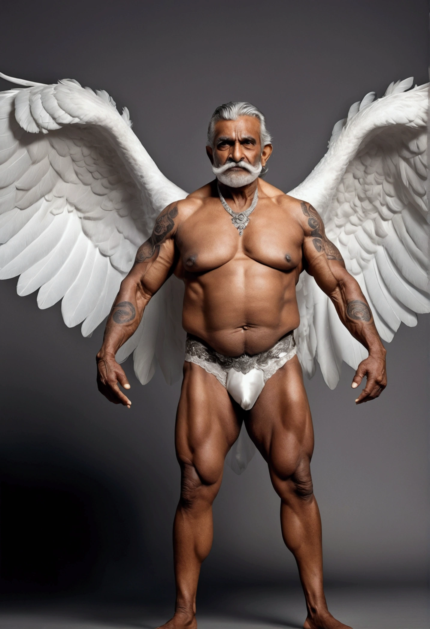 Hyperrealistic image of a gray-haired Indian superhero burlesque dancer with two huge symmetrical swan wings very old and very sweaty bodybuilder over 80 years old very muscular and fat more than 200 kilos with a naked torso large and flaccid pectorals brown nipples and large gray mustaches with Huge tattooed arms dressed in lace white lingerie on a burlesque stage