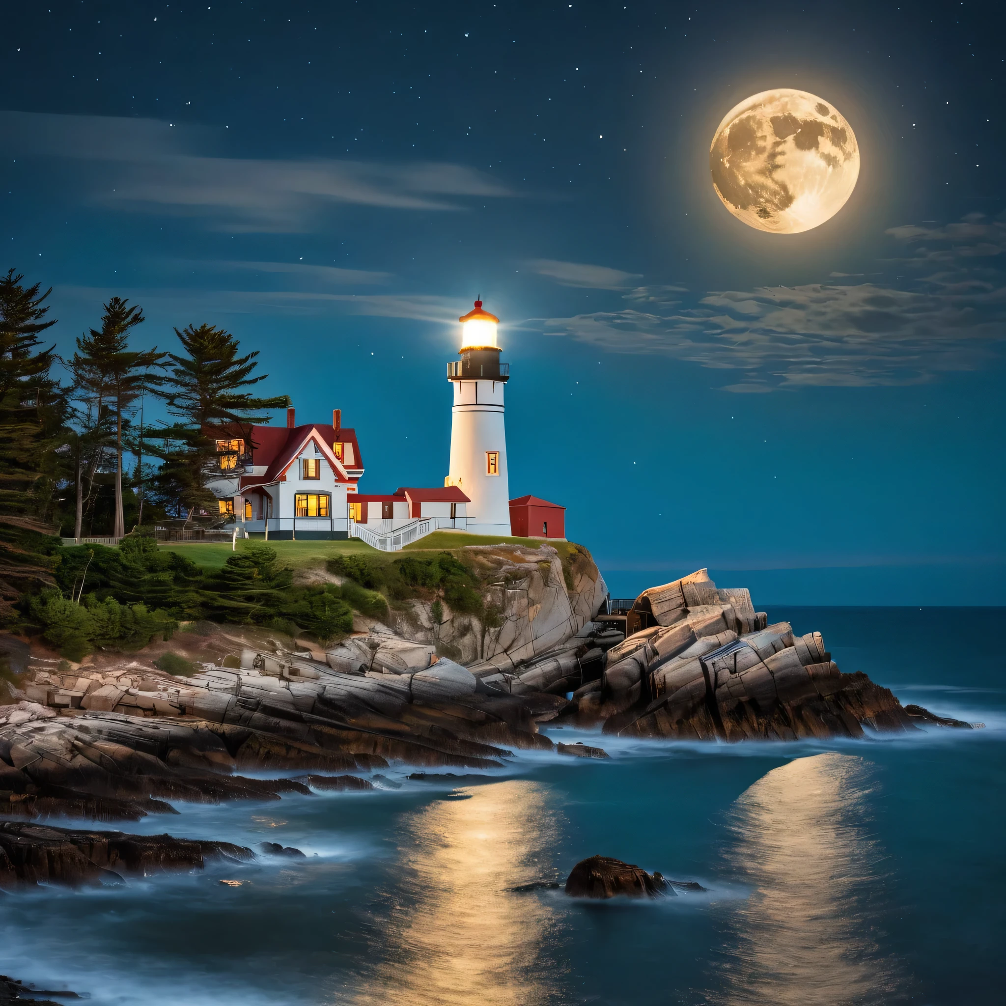 (masterpiece), (best quality), (ultra-detailed), 

The lighthouse, adorned with multiple windows, emits a warm glow, highlighting its intricate architecture and rich history. The rocky island is covered in lush green trees, reflecting on the calm, moonlit sea waters that mirror the silvery moonlight. The full moon graces the sky, casting an ethereal glow on the clouds and sea, while wispy clouds partially obscure its brilliance, adding to the scene's mystique. Twinkling stars dot the sky, creating a celestial tapestry that harmonizes with the moon's radiance. This enchanting artwork captures a serene and peaceful night, where the illuminated lighthouse stands resolute amidst the celestial beauty, creating a cinematic experience.

(double exposure photo:1.4), (primary color tones:1.2), (underexposed:1.2), (matte finish:1.2), light leaks, high detail, soft focus, natural light, dynamic lighting, expressive, artistic, ethereal, contemplative, serene, 85mm lens, f/1.8, vibrant, layered textures, dreamy, nostalgic, illustration, perfect composition, intricate details