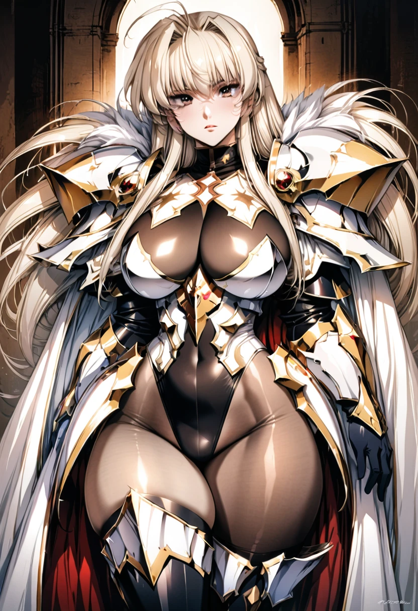 ((highest quality)), ((masterpiece)), ((hyperrealistic)), (detailed background), 1girl, ((curvy: 1.2)), perfect face, Langrisser, makeup, ((Queen)), ((Cross black leotard: 1.5)), ((catsuit)), ((white paladin armor: 1.3)), ((long skirt)), (Noble cloak de cour), battle crown, gauntlet, gloves, silver straight hair, ahoge, (huge breasts: 1.3), (see-through cleavage cutout: 1.2), (brown see-through pantyhose thigh: 1.3), (zettai ryouiki armored thigh high boots), beautiful eyes, Perfect hands, perfect fingers,