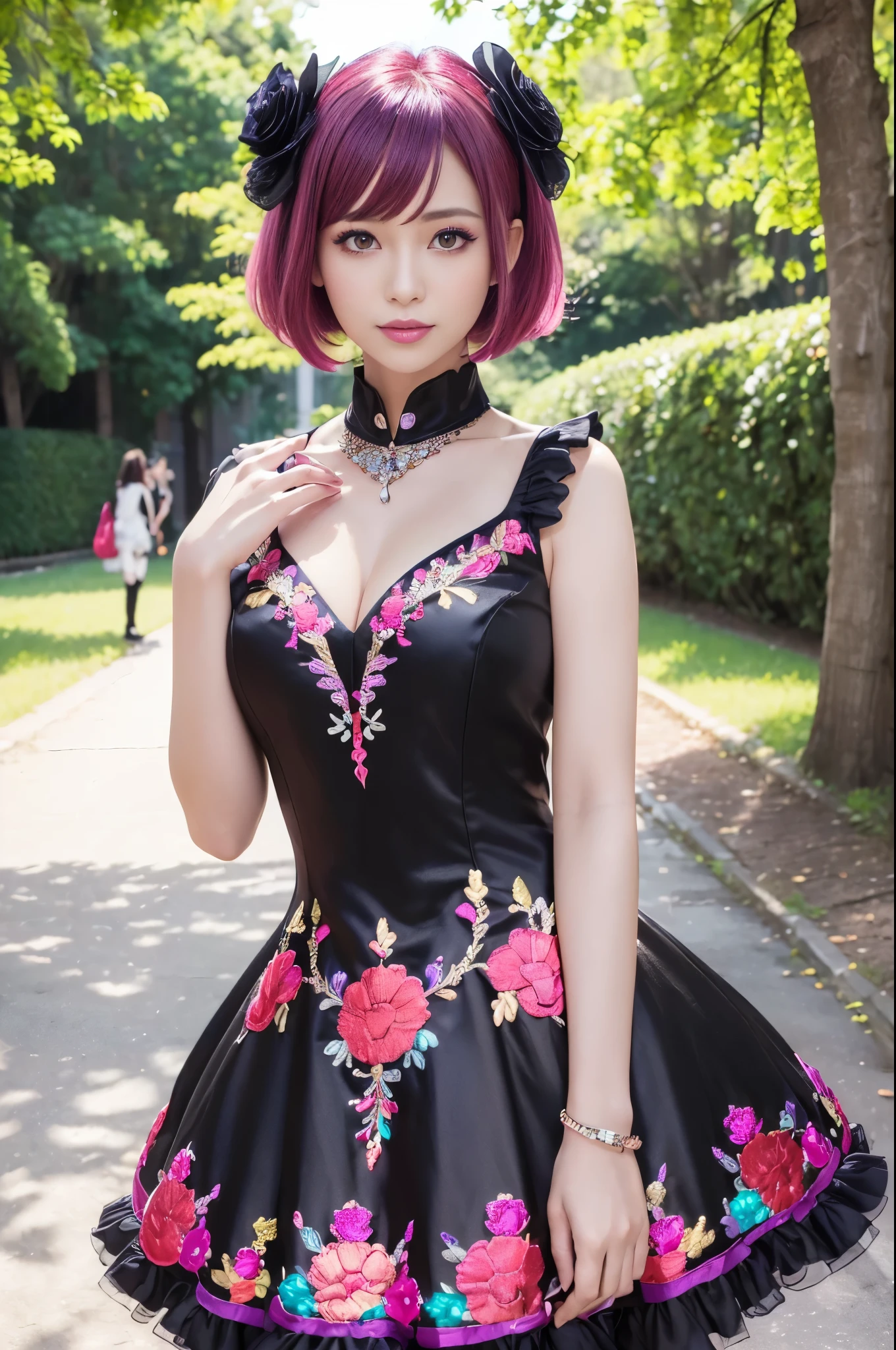 (masterpiece:1.4), (best quality:1.4), ultra high res, ultra high resolution, ((detailed facial features)), HDR, (realistic, photorealistic, photo-realistic:1.37), full body Esbian, sexy Indonesian model, (-anime), vivid colors, ((vivid colors multicolor (pink, red, purple) very short hair)), (happy smile), lip-gloss, long lashes, ultra detailed metallic makeup, defined eyebrows, wearing large sparkling colorful jewelery, (wearing a red silk Paradise Kiss cosplay dress with black floral embroidery), ((vivid colors outfit)), vivid colors, look at the camera, cinematic light, large park background with trees, sweet and sexy pose