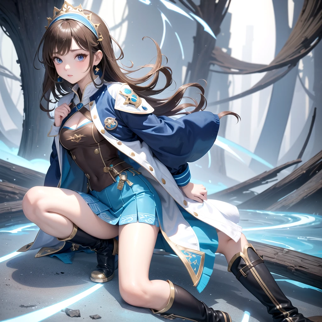 ((One girl, alone, Brown Shortcut), Full Body,Very detailed,Very delicate,((masterpiece)), Beautiful face and eyes),A wizard-style tunic in blue and white.,A blue mini skirt following the jacket,tights,head band,Wristband,boots