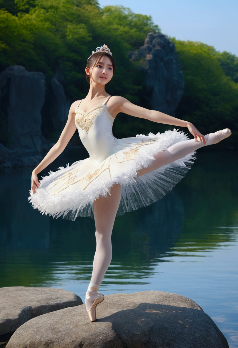 (a girl,best quality現,real picture:1.4) (1 girl), (超High resolution:1.2), Very delicate and beautiful, wonderful, 高度詳細的 CG Unity 8k 桌布, Super detailed, High resolution, Soft Light, Beautiful and attentive girl, Highly detailed eyes and faces, Beautifully detailed nose, beautiful and delicate eyes,)( movie lighting, perfect anatomy, slim body,) (Standing with left foot on the rock by the lake.Lift your right foot high. Exquisite foot details)(push your right hand forward.Stretch your left hand back.Exquisite hand details)(imitation ballet《Swan Lake》scene). Smiling and dancing ballet towards the lake .best quality、masterpiece、超High resolution、(Photo realism:1.4)、original photo)(shadow、Octane Rendering、8k、Super sharp. realistic light)、 Beautiful Japanese girl wearing white ballet costume,Standing on the rocks by the lake in the afternoon。Against the background of blue sky and heart-shaped lake。