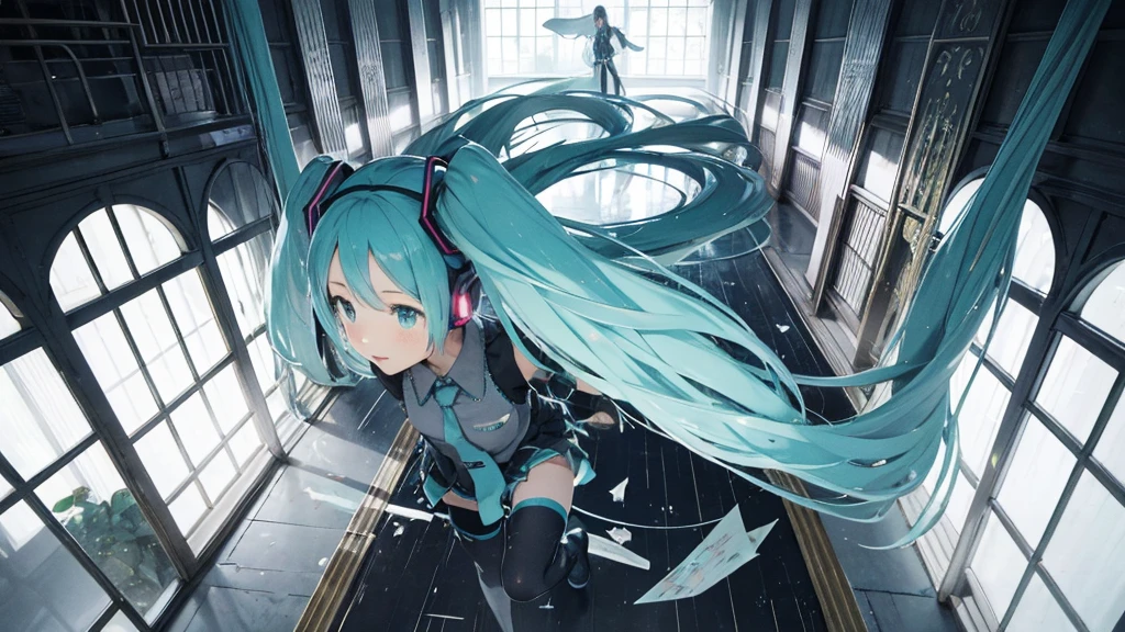 Hatsune Miku wanders through the corridors of time、A fantastical illustration depicting a scene where fragments of the past, such as faded photographs, are picked up.。