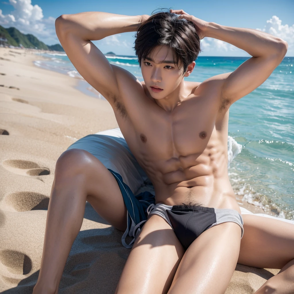 Handsome korean boy, shirtless in a beach