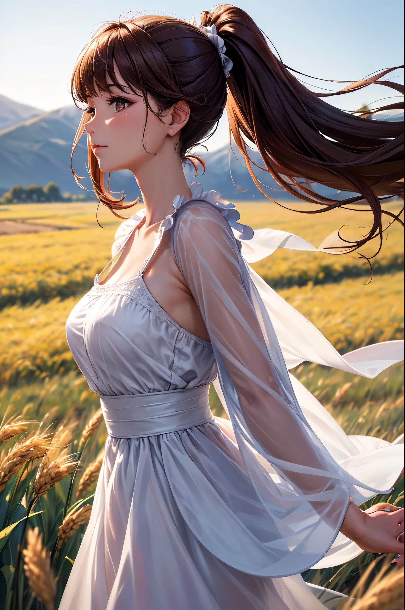 (masterpiece:1.4),, (best quality:1.4),, ultra-high res,, 8K, CG,, (extremely delicate and beautiful:1.2),, , upper body,, from side,, looking at viewer,, , 1girl,, solo,, fashi-girl,, mature girl,, , cute, sweet,, , in the wheat field,, blurry background,, , long brown hair,, ponytail hair,, , brown eyes,, closed mouth,, red lips,, , face brushed by the wind,, , white dress,, medium breasts,