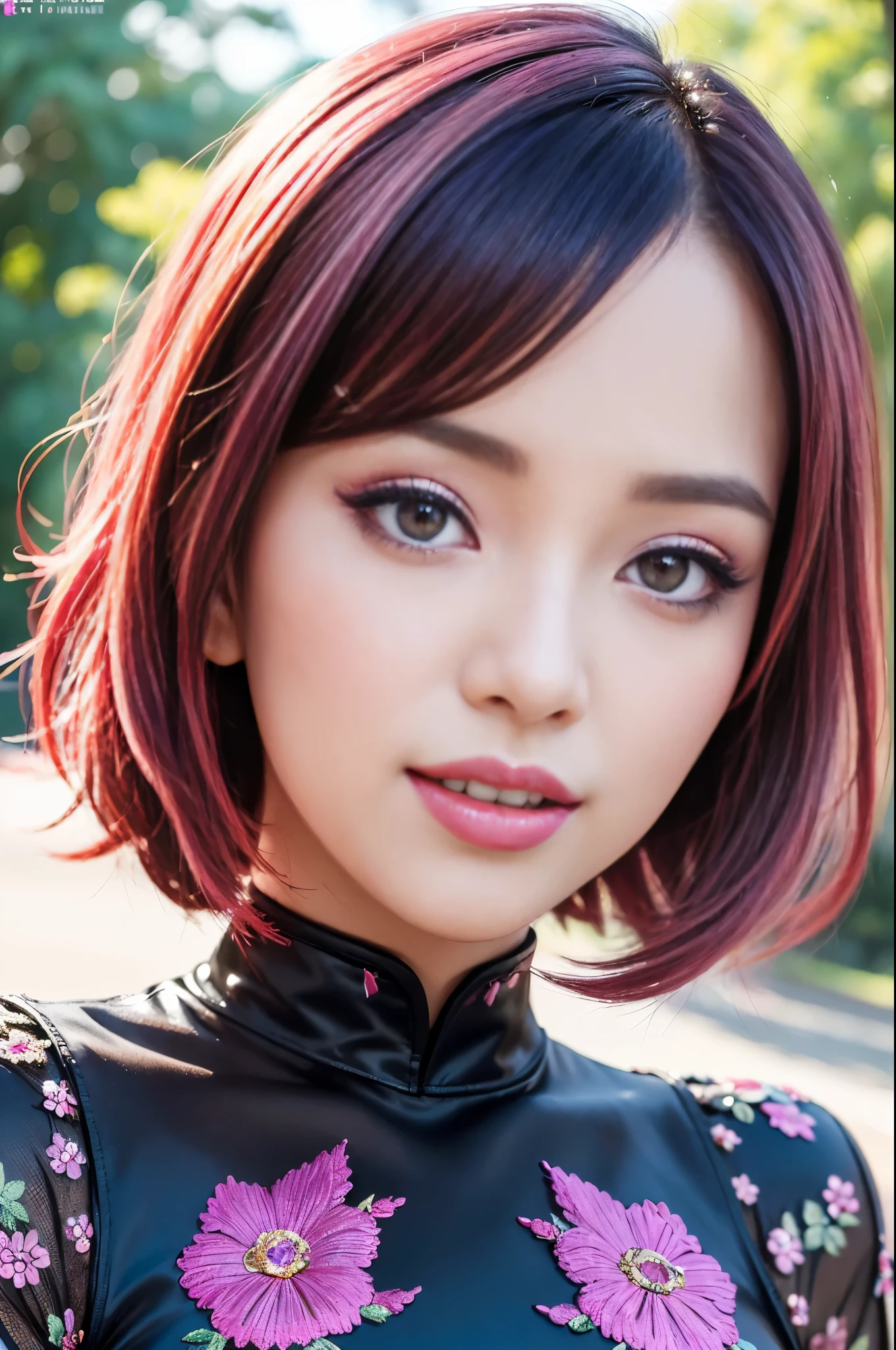 (masterpiece:1.4), (best quality:1.4), ultra high res, ultra high resolution, ((detailed facial features)), HDR, (realistic, photorealistic, photo-realistic:1.37), full body Esbian, sexy Indonesian model, (-anime), only 1 model, vivid colors, ((vivid colors multicolor (fuchsia, pink, light blue, purple) very short hair)), (happy smile), lip-gloss, long lashes, ultra detailed metallic makeup, defined eyebrows, wearing a red silk Paradise Kiss cosplay dress with black floral embroidery, ((vivid colors outfit)), vivid colors, look at the camera, cinematic light, large park background with trees, sweet and sexy pose