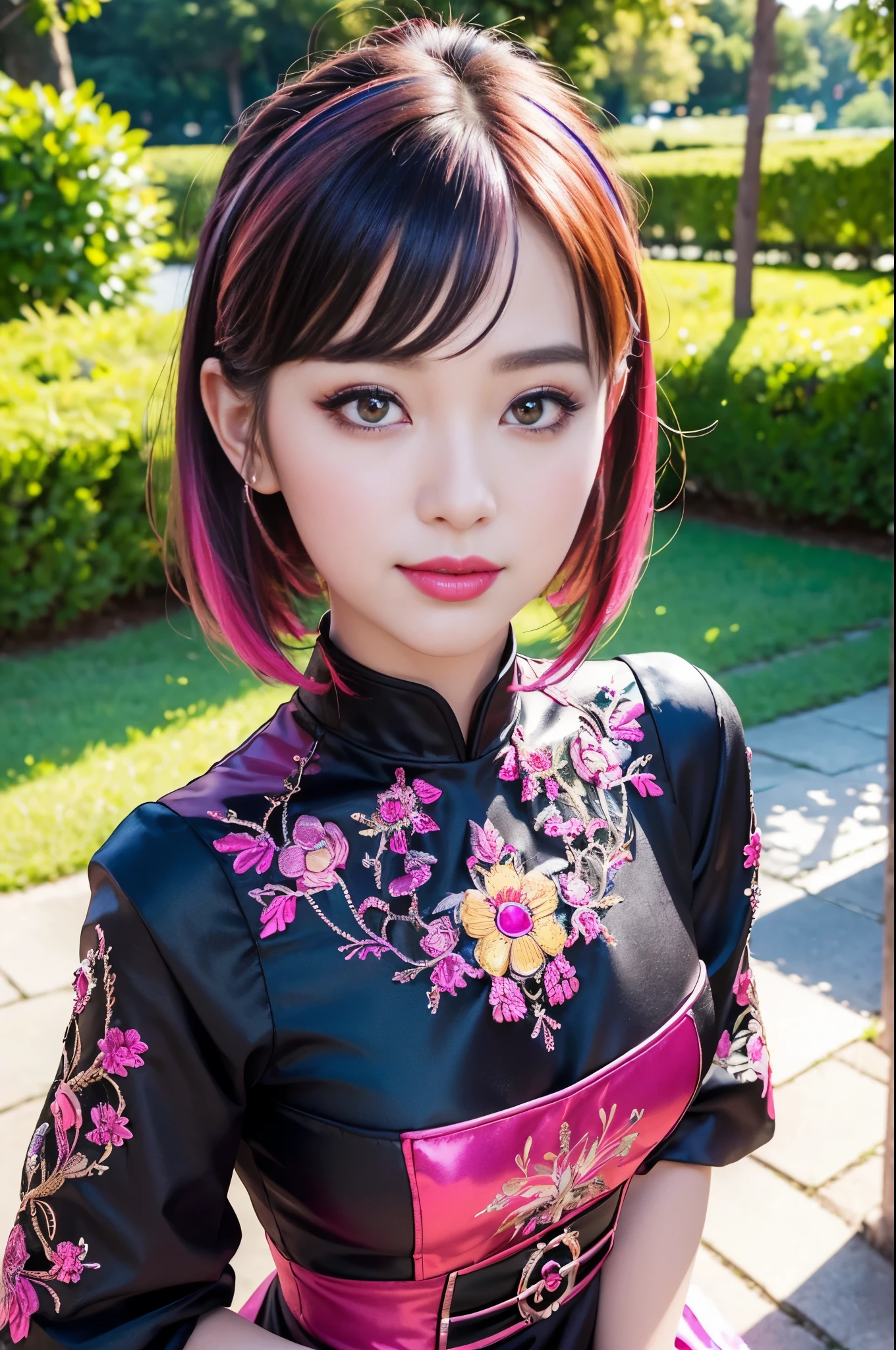 (masterpiece:1.4), (best quality:1.4), ultra high res, ultra high resolution, ((detailed facial features)), HDR, (realistic, photorealistic, photo-realistic:1.37), full body Esbian, sexy Indonesian model, (-anime), only 1 model, vivid colors, ((vivid colors multicolor (fuchsia, pink, light blue, purple) very short hair)), (happy smile), lip-gloss, long lashes, ultra detailed metallic makeup, defined eyebrows, wearing a red silk Paradise Kiss cosplay dress with black floral embroidery, ((vivid colors outfit)), vivid colors, look at the camera, cinematic light, large park background with trees, sweet and sexy pose