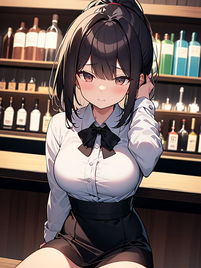 A bar at night, seated, customers, cocktail glasses filled with alcohol, white collared shirt, black suit, black skirt, ponytail:1.9 背のexpensive女性:1.9. Short black hair, straight hair, hair tie, bangs swept to the side:1.9. Slanted Eyes, Brown eyes, expensive, Strong-willed, beautiful、Big breasts、adult