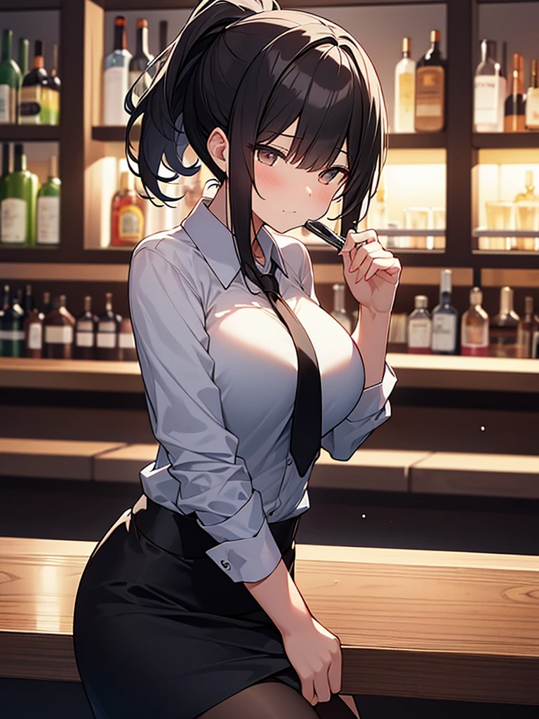 A bar at night, seated, customers, cocktail glasses filled with alcohol, white collared shirt, black suit, black skirt, ponytail:1.9 背のexpensive女性:1.9. Short black hair, straight hair, hair tie, bangs swept to the side:1.9. Slanted Eyes, Brown eyes, expensive, Strong-willed, beautiful、Big breasts、adult