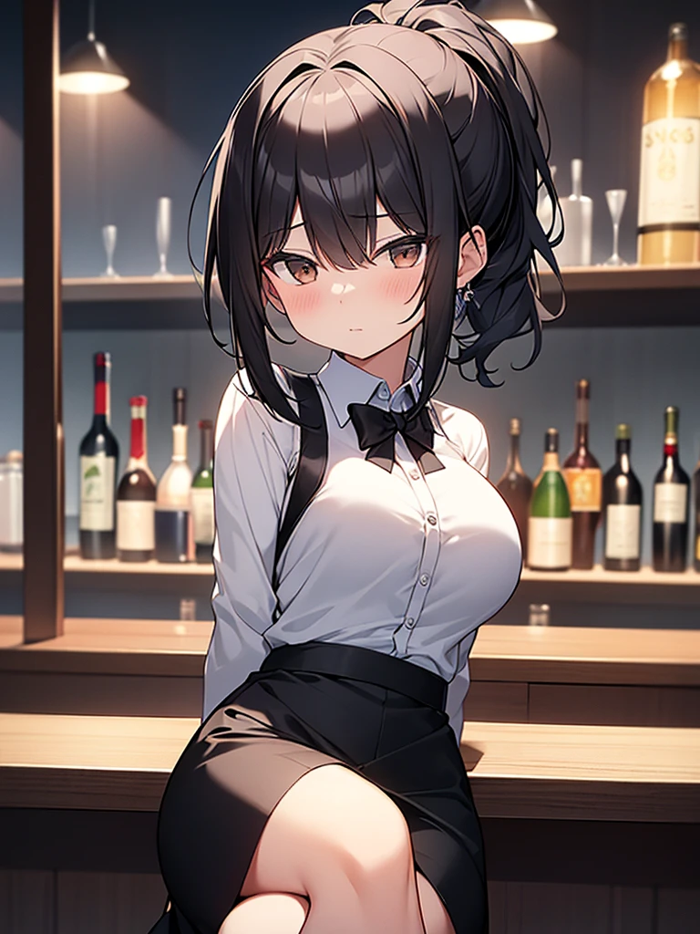 A bar at night, seated, customers, cocktail glasses filled with alcohol, white collared shirt, black suit, black skirt, ponytail:1.9 背のexpensive女性:1.9. Short black hair, straight hair, hair tie, bangs swept to the side:1.9. Slanted Eyes, Brown eyes, expensive, Strong-willed, beautiful、Big breasts、adult