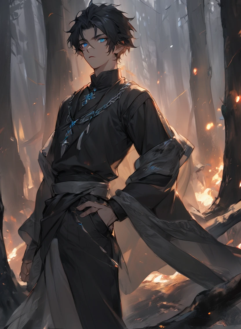 young man ,Male Dark, dark Woods, dark black colors, monk dnd, man black hair with blue eye