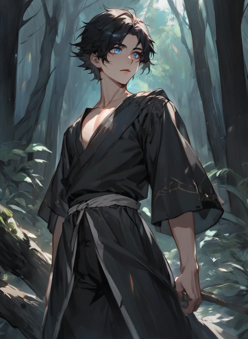 young man ,Male Dark, dark Woods, dark black colors, monk dnd, man black hair with blue eye