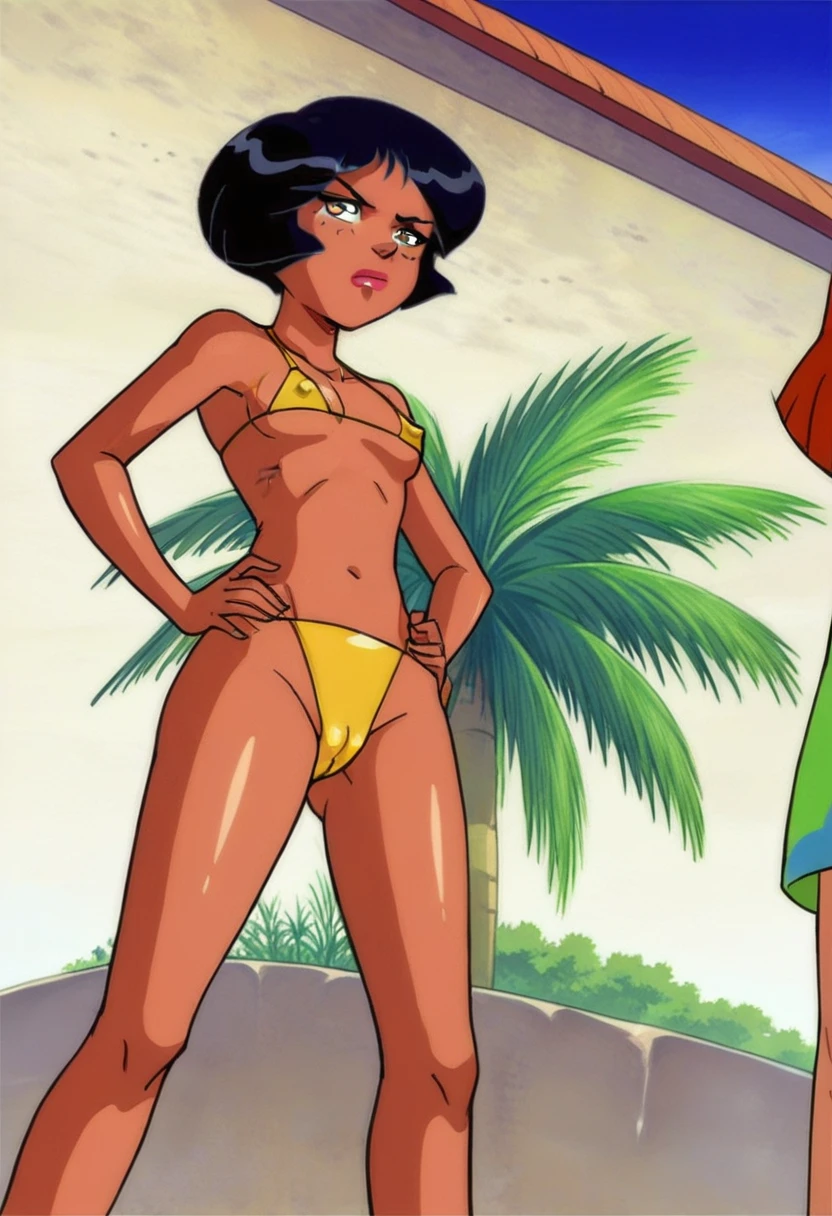 score_9, score_8_up, score_7_up,
1girl, alex ts, black hair, afro hairstyle, brown eyes, dark-skinned female, frown, narrowed eyes, outdoors,
yellow micro bikini, on beach, ocean, sand, palms, from below, covered , cameltoe, hands on hips, on knees, back view,