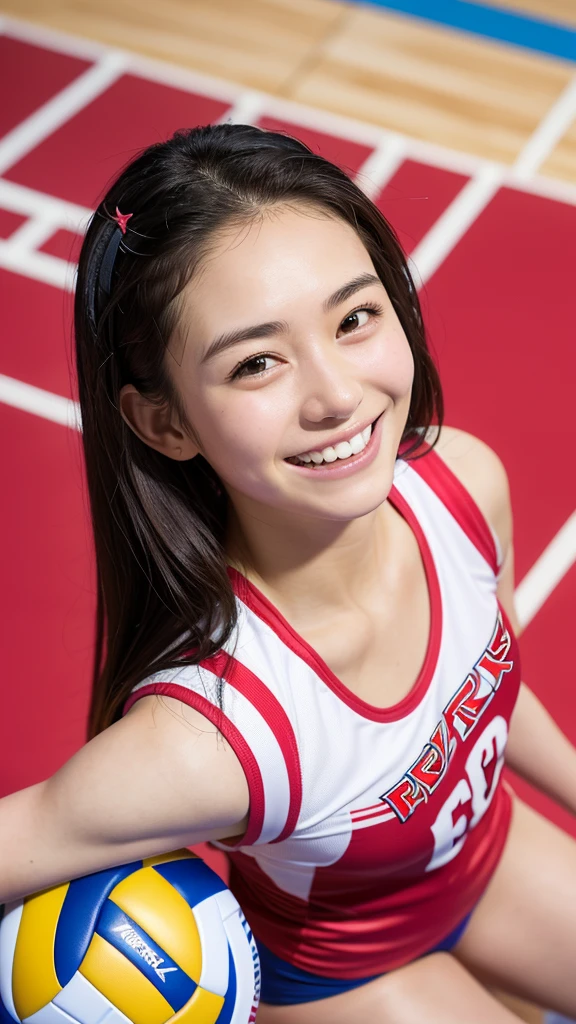 highest quality, masterpiece, Ultra-high resolution,(Realistic:1.6),((Athletic build)), (((Indoor volleyball court))) RAW photo from above, ((Portrait in the gym))、,pretty girl,20-year-old,((Spike practice)),((NEC Red Rockets uniform)),((Mikasa Volleyball)),((Straight pink long)),((Smiling with teeth showing)),((Big smile))
