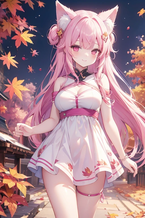"Epic 4K fantasy scenes: Adult girl with long pink hair, Has pink eyes, With pink fox ears,Smile, she looks happy,Very, Autumn theme, Autumn leaves background