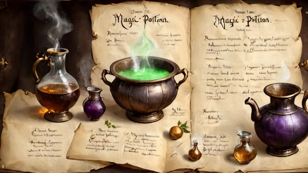 a page of an old book with recipes for a magic potion, a cauldron with a potion is drawn on the page, an old parchment on parchment