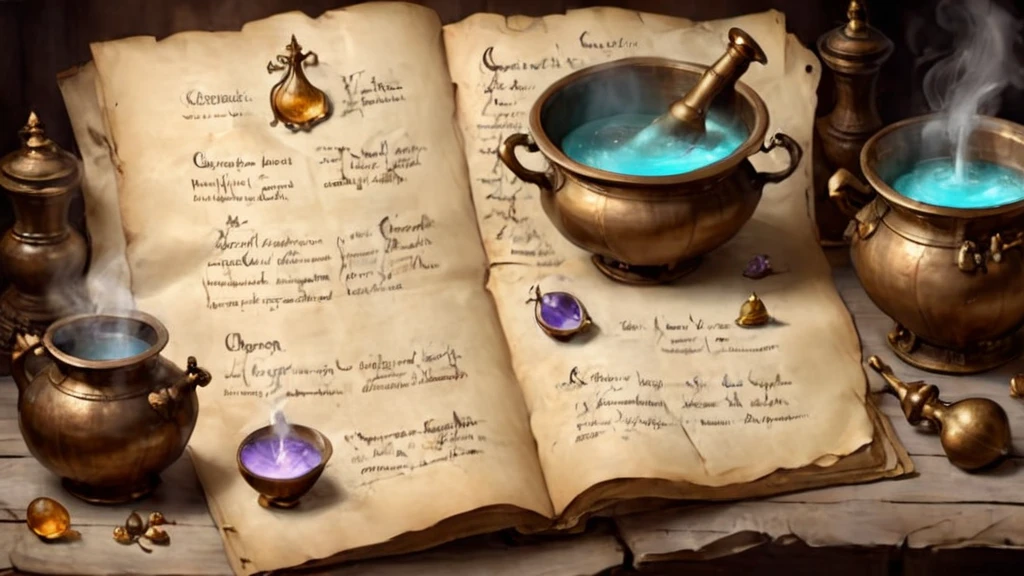 a page of an old book with recipes for a magic potion, a cauldron with a potion is drawn on the page, an old parchment on parchment