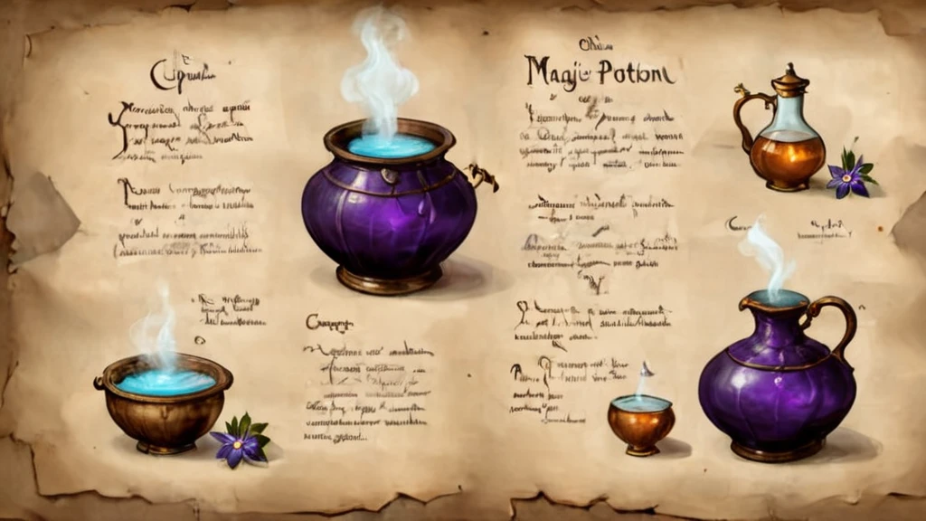 a page of an old book with recipes for a magic potion, a cauldron with a potion is drawn on the page, an old parchment on parchment