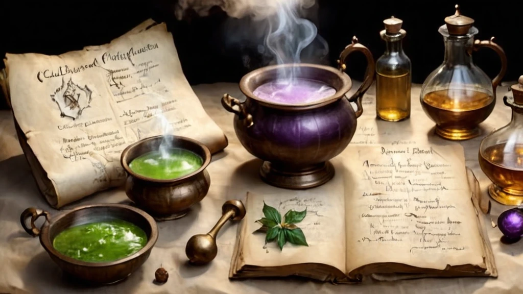 a page of an old book with recipes for a magic potion, a cauldron with a potion is drawn on the page, an old parchment on parchment