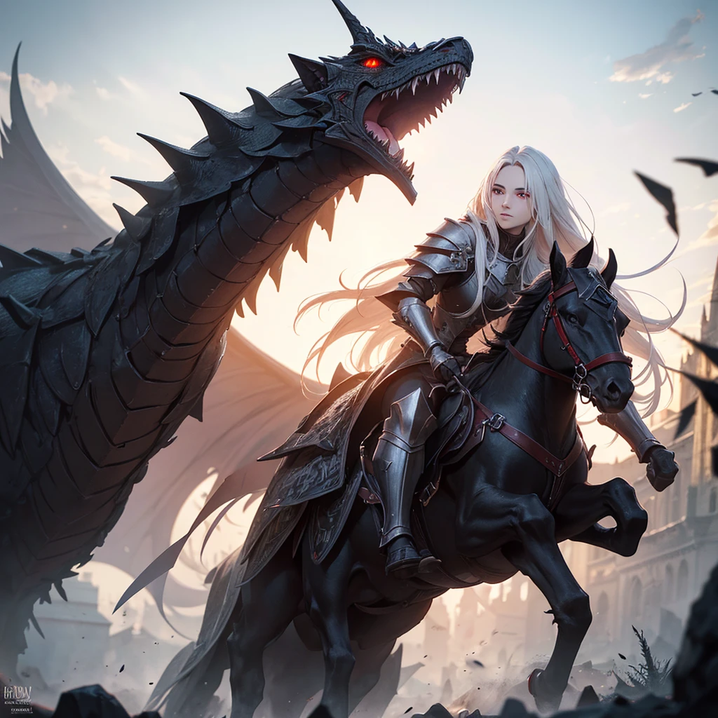 a young man with long white hair and red eyes, oval face, triangular shaped head, wearing black knight armor, riding a black dragon, medieval European style city backdrop, (best quality,4k,8k,highres,masterpiece:1.2),ultra-detailed,(realistic,photorealistic,photo-realistic:1.37),dark fantasy,dramatic lighting,cinematic,intricate details,digital painting,3D render
