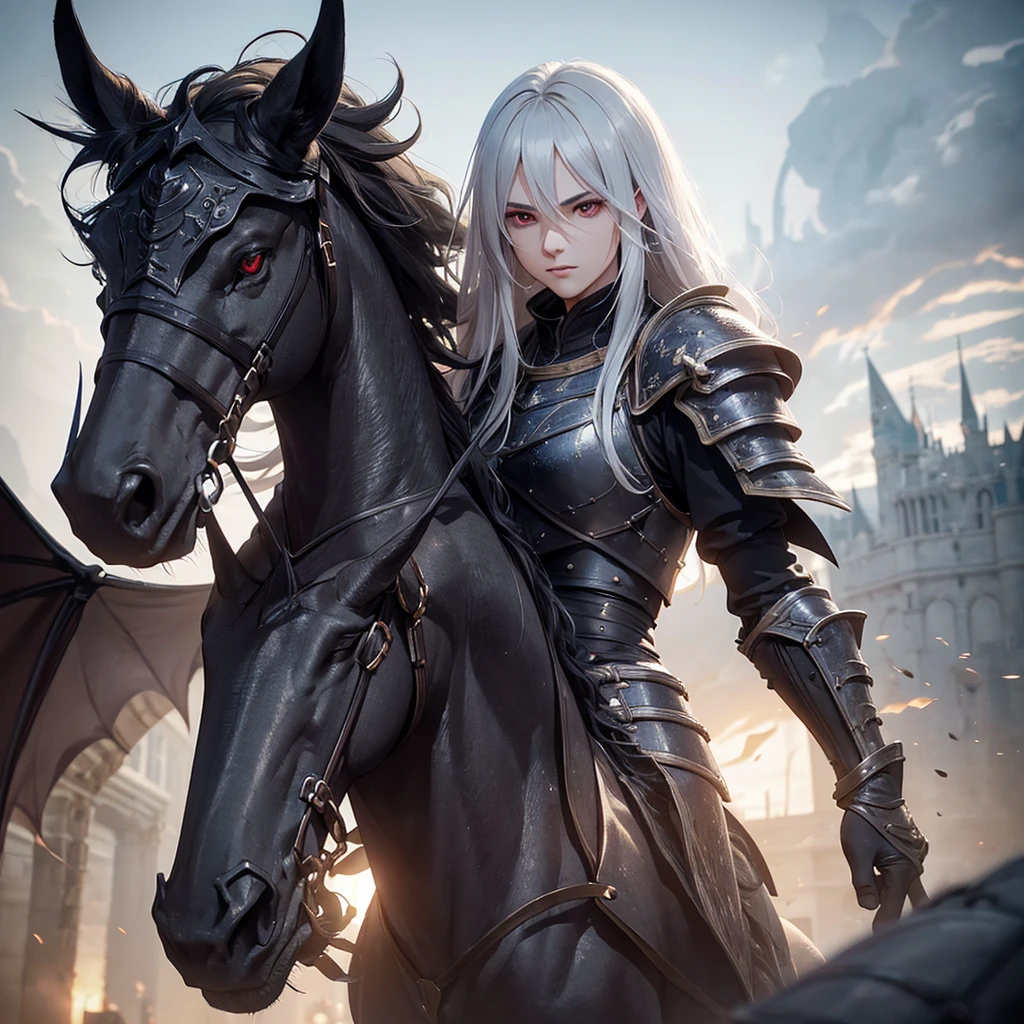 a young man with long white hair and red eyes, oval face, triangular shaped head, wearing black knight armor, riding a black dragon, medieval European style city backdrop, (best quality,4k,8k,highres,masterpiece:1.2),ultra-detailed,(realistic,photorealistic,photo-realistic:1.37),dark fantasy,dramatic lighting,cinematic,intricate details,digital painting,3D render