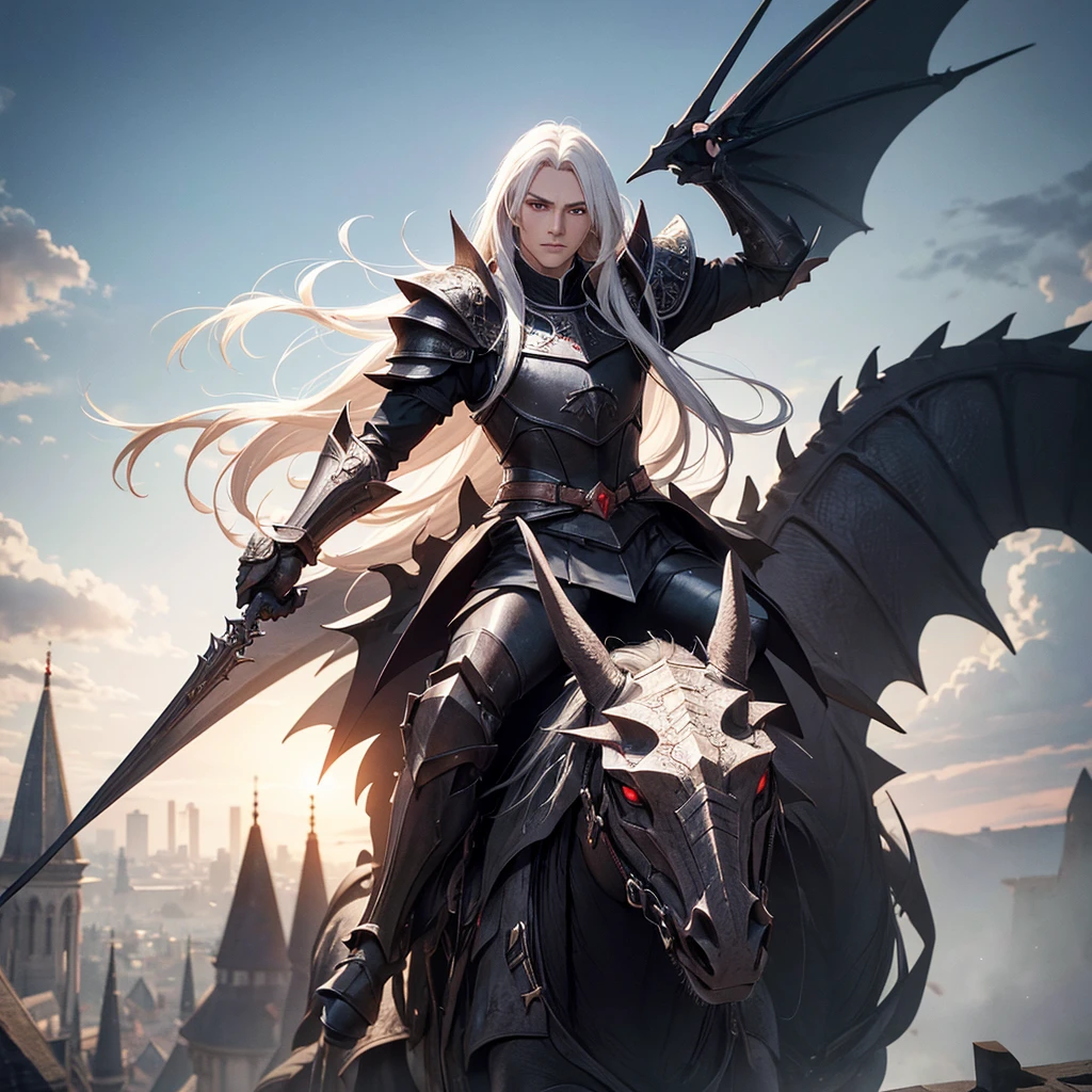 a young man with long white hair and red eyes, oval face, triangular shaped head, wearing black knight armor, riding a black dragon, medieval European style city backdrop, (best quality,4k,8k,highres,masterpiece:1.2),ultra-detailed,(realistic,photorealistic,photo-realistic:1.37),dark fantasy,dramatic lighting,cinematic,intricate details,digital painting,3D render