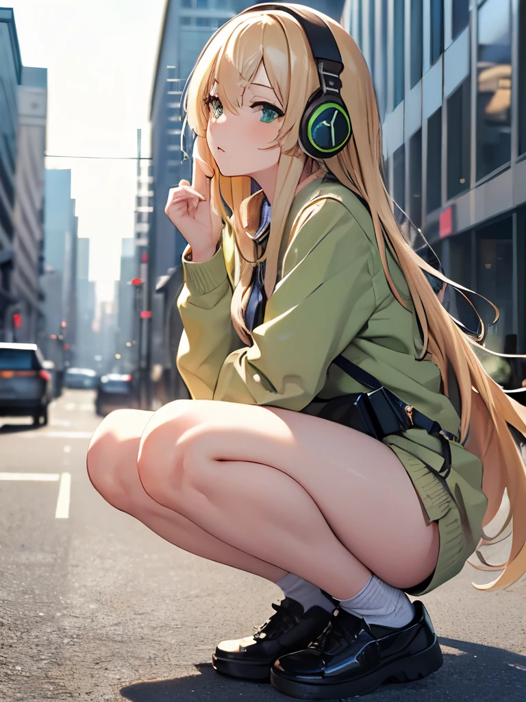 (masterpiece), (Highest quality, High resolution, Very detailed, 8k壁紙), One girl, alone, city, Contemporary, Profile picture close-up, Blonde beige long hair, Green Eyes, Beautiful attention to detail, squat, Headphones, I&#39;m enchanted by music, 8k,16K, Trending on Art Station, Featured on pixiv