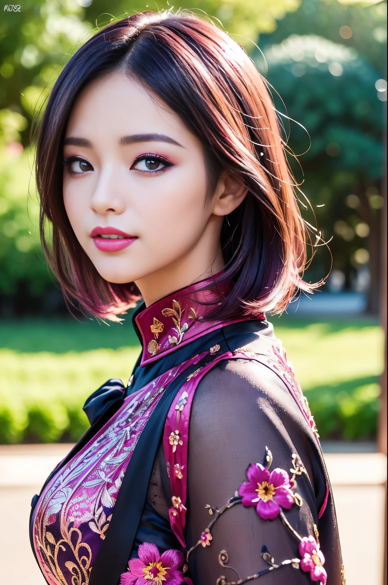 (masterpiece:1.4), (best quality:1.4), ultra high res, ultra high resolution, ((detailed facial features)), HDR, (realistic, photorealistic, photo-realistic:1.37), full body Esbian, sexy Indonesian model, (-anime), only 1 model, vivid colors, ((vivid colors multicolor (fuchsia, pink, light blue, purple) very short hair)), (happy smile), lip-gloss, long lashes, ultra detailed metallic makeup, defined eyebrows, wearing a red silk Paradise Kiss cosplay dress with black floral embroidery, ((vivid colors outfit)), vivid colors, look at the camera, cinematic light, large park background with trees, sweet and sexy pose