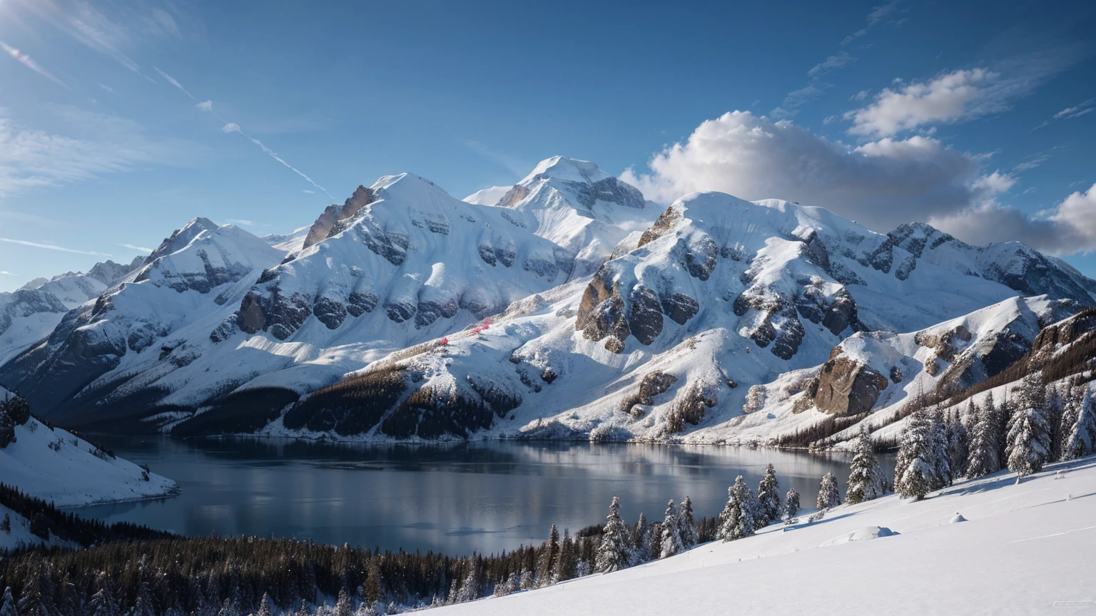 Skysky, colorful auspicious clouds, a snow-covered mountain with a lake and trees, thick snow, soft mist, extreme beautiful, 8K wallpapers, winning artwork, art photography, matte painting, Terragen
