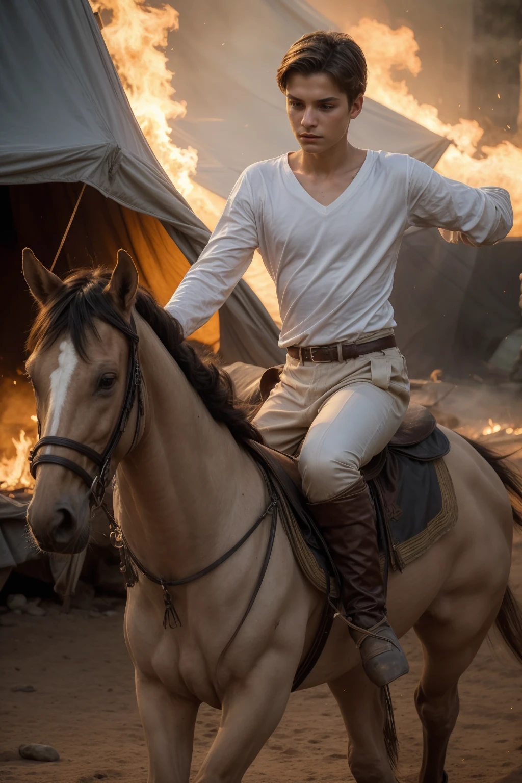 A young male twink, 18 years old, with a cute, angelic face, with makeup and black hair, wearing a medieval shirt with ties, a v-neck, and long sleeves, aquamarine in color, and white medieval pants. He is on the battlefield, riding on a horse, with a burning fire behind him.  He looks angrily as if the horse is galloping