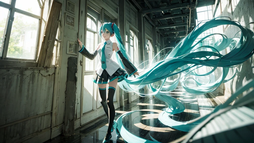 Hatsune Miku wanders through the corridors of time、A fantastical illustration depicting a scene where fragments of the past, such as faded photographs, are picked up.。