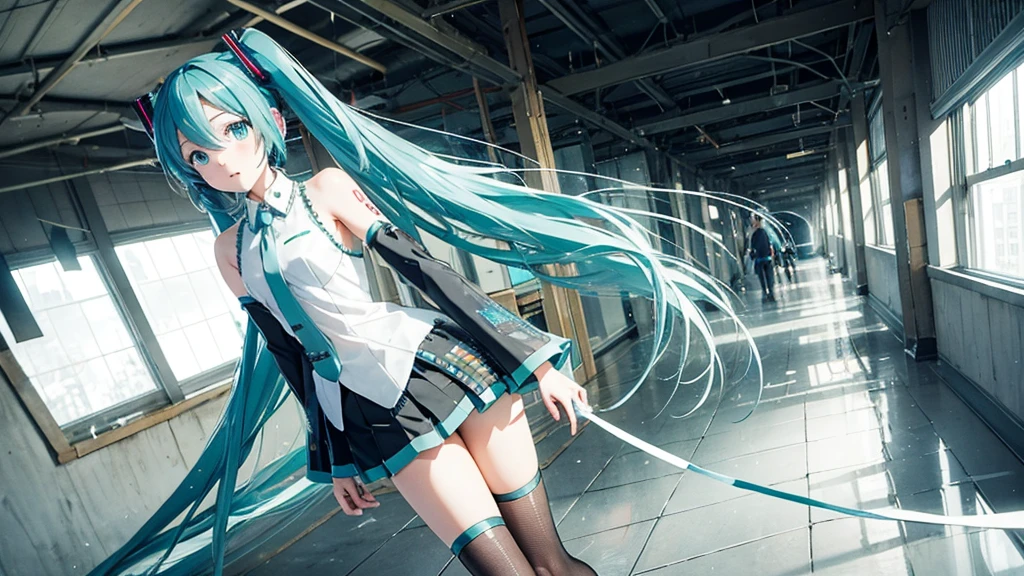 Hatsune Miku wanders through the corridors of time、A fantastical illustration depicting a scene where fragments of the past, such as faded photographs, are picked up.。