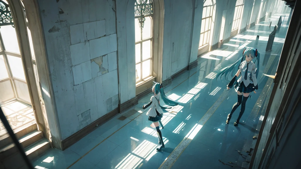 Hatsune Miku wanders through the corridors of time、A fantastical illustration depicting a scene where fragments of the past, such as faded photographs, are picked up.。