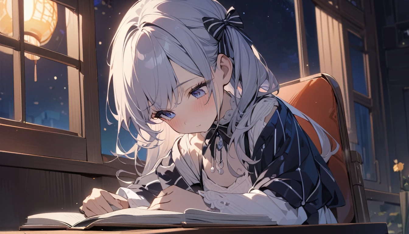 First-class quality,8K resolution,masterpiece,Fresh,Close-up shot,Chinese little girl bows her head to read a book,Sitting at the table,Fashion suspender top,Fair skin,Bright colors,Summer Night,The background is a window,Night view outside the window
