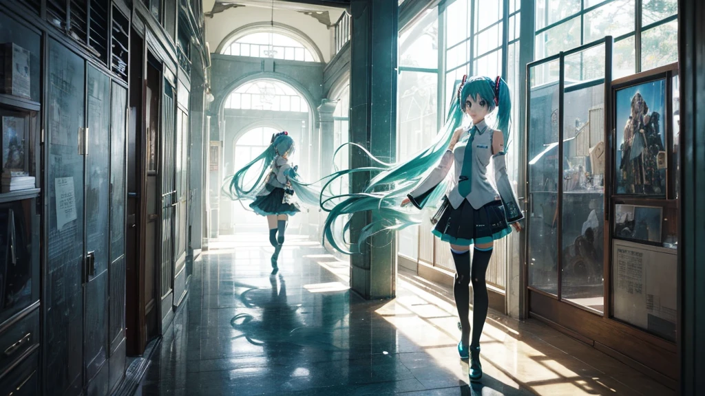 Hatsune Miku wanders through the corridors of time、A fantastical illustration depicting a scene where fragments of the past, such as faded photographs, are picked up.。