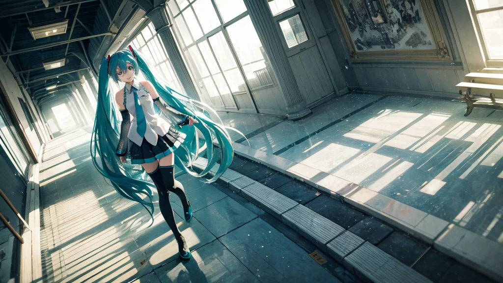 Hatsune Miku wanders through the corridors of time、A fantastical illustration depicting a scene where fragments of the past, such as faded photographs, are picked up.。