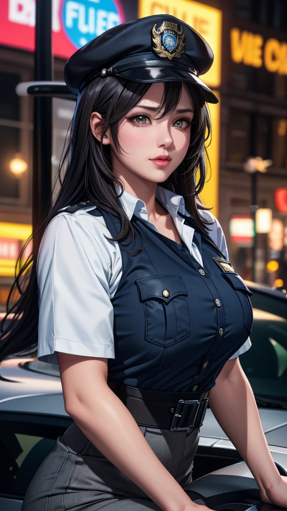 (best quality,4k,8k,highres,masterpiece:1.2),ultra-detailed,(realistic,photorealistic,photo-realistic:1.37),HDR,UHD,studio lighting,ultra-fine painting,sharp focus,physically-based rendering,extreme detail description,professional,vivid colors,bokeh,portrait,1 girl,((cat′s eye)),(very shirt hair),(police officer),downtown,police car,neon light,cap