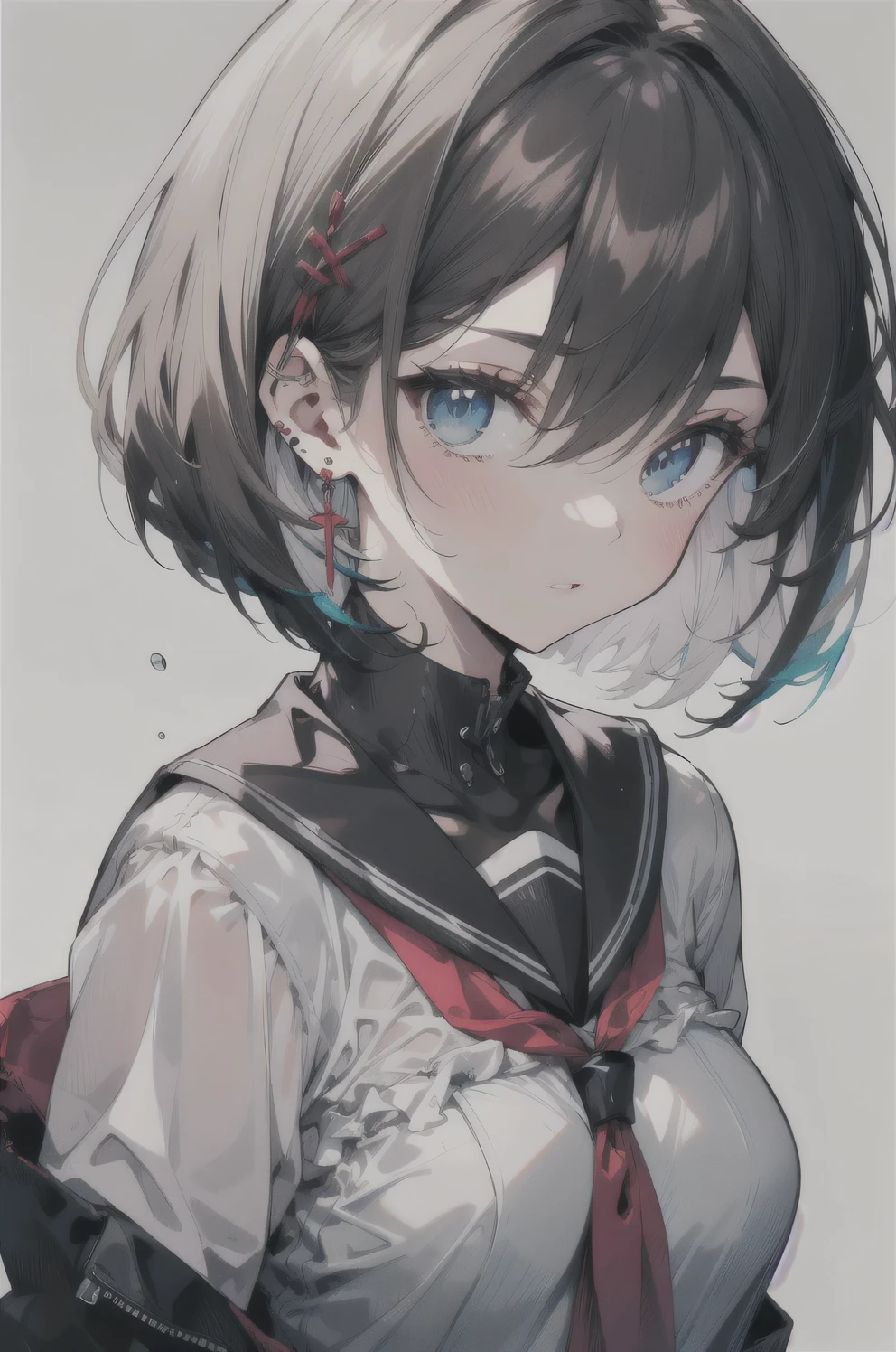 (best quality), (Super detailed), (Best Illustration), (masterpiece), score_9, score_8_up, score_7_up, (4k), (1woman), (white serafuku), (large breasts), {brown hair, (sideburns), (bob cut:1.3), curly hair, hairs between eyes, colored inner hair}, blue eyes, parted lips, expressionless, blush, earring,