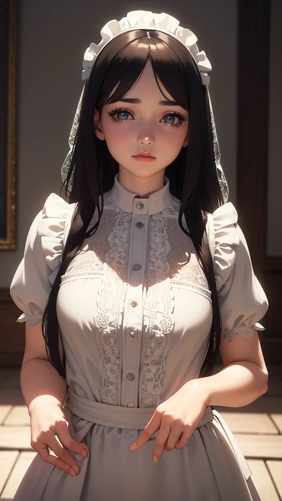 a maid girl, beautiful detailed eyes, beautiful detailed lips, extremely detailed eyes and face, long eyelashes, beautiful maid uniform, intricate lace details, soft lighting, warm colors, natural lighting, (best quality,4k,8k,highres,masterpiece:1.2),ultra-detailed,(realistic,photorealistic,photo-realistic:1.37),portrait,elegant,graceful,detailed fabric textures,cinematic composition,soft focus