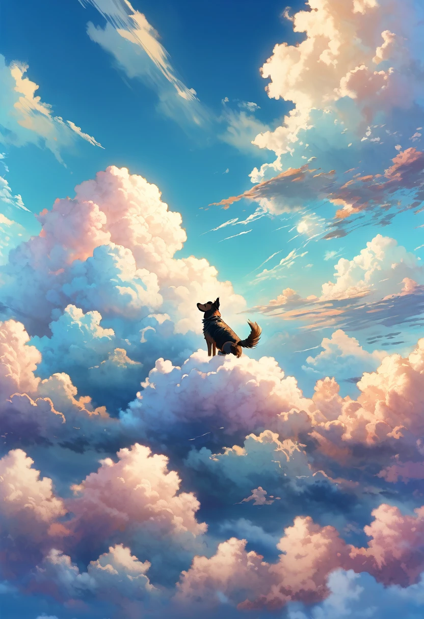 a beautiful detailed sky with clouds, a dog floating in the sky, detailed realistic sky, fluffy clouds, serene atmosphere, peaceful setting, (best quality,8k,highres,masterpiece:1.2),ultra-detailed,(realistic,photorealistic,photo-realistic:1.37),landscape,vibrant colors,dramatic lighting,cinematic composition,ethereal,whimsical,dreamy