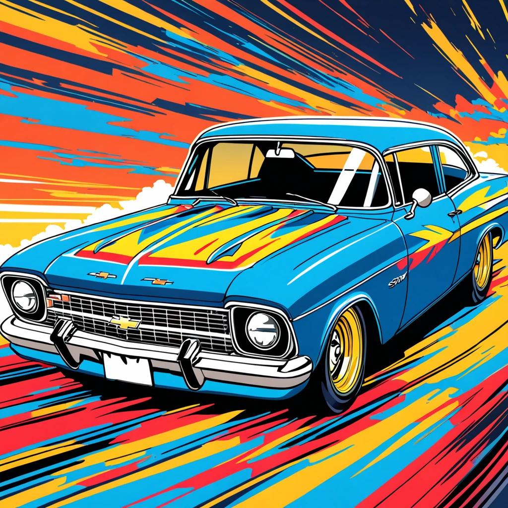 Anime style, T-shirt print, Chevrolet ,Vector 2D, Extremely detailed, Vibrant eyes, , Super SVG