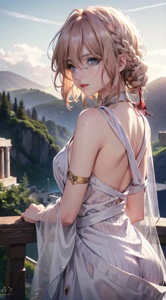(best quality,4k,8k,highres,masterpiece:1.2),ultra-detailed,(realistic,photorealistic,photo-realistic:1.37),purple,1 girl,,gazing at viewer,blue eyes,blonde hair,((Greek costume)),((looking at audience)),((blue sky)),((giant lark)),((bare back)),((extremely charming body))